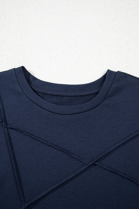 Modern Asymmetric Panel Geometric Seamed Short Sleeve Top